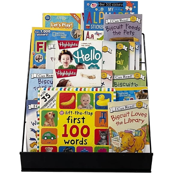 Sturdy 4-Tier Tabletop Wire Magazine Rack with Front Sign Channel for Displaying Magazines, Comics, Brochures, and Literature - Ideal for Book Signings - Black Finish