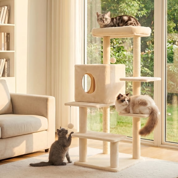 Sturdy 40-inch Cat Tree Tower with Cat Cave & Ramp Steps - Multi-Level Play & Sleep Center for Large Indoor Cats, Beige