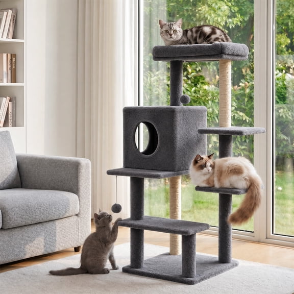 Sturdy 40-inch Cat Tree Tower with Cat Cave & Ramp Steps - Multi-Level Play & Sleep Center for Large Indoor Cats, Dark Gray