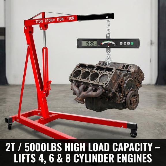 Sturdy 4400 lbs Hydraulic Shop Crane 2 Ton Workshop Crane Lifting with Folding Design, Red, Safety Chain, Cherry Picker Hydraulic Engine Hoist Crane for Factory