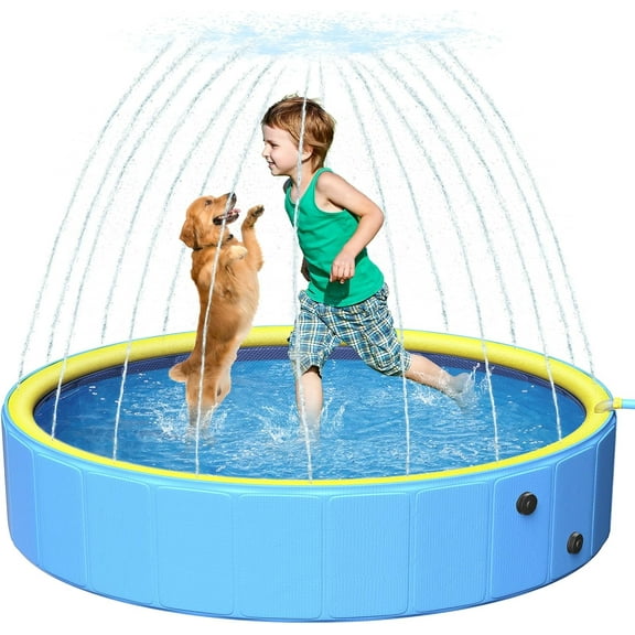 Sturdy 47in Hard Plastic Anti-Slip Dog Pool, 2-in-1 Foldable Portable Kiddie/Kids Pool with Sprinkler, Swimming Puppy Pools for Summer Outdoor Backyard Activities