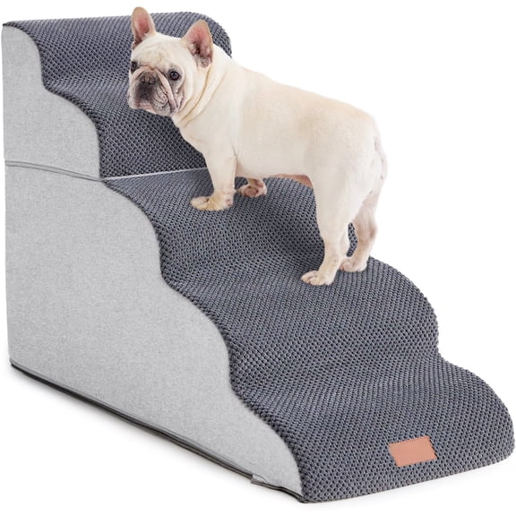 Sturdy 5-Step Dog Stairs Ramp For High Beds Grey Foam Non-Slip Bottom