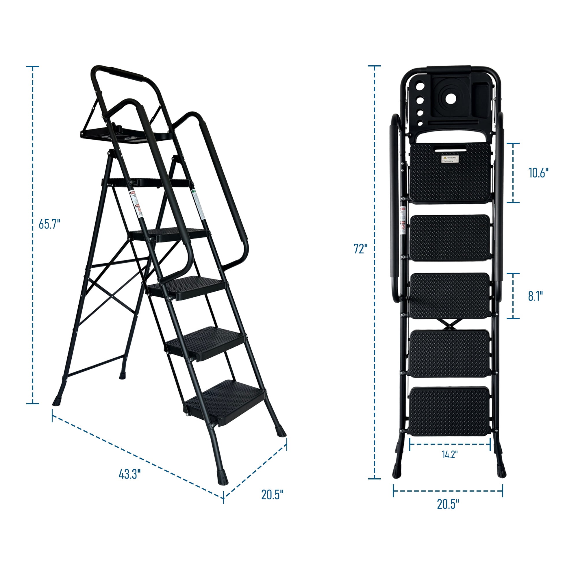 Sturdy 5-Step Folding Step Stool with Wide Anti-Slip Pedal and Handrail, Steel Ladder for Household Use, Black
