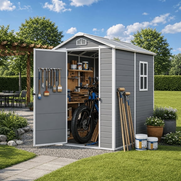 Sturdy 6 X 4 FT All‑Weather Plastic Storage Shed, Resin Tool Shed with Secure Lockable Doors & Vents, Grey for Garden, Backyard
