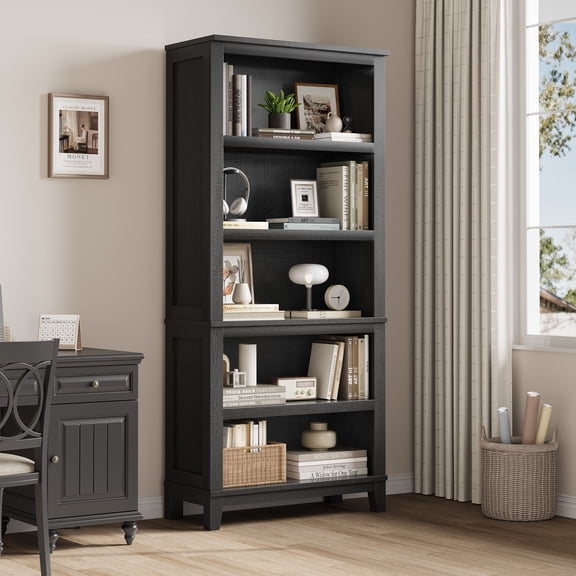 Sturdy 71" Farmhouse Bookcase - 5-Tier Freestanding Bookshelf with 3 Adjustable Shelves, Wooden Legs, Ample Storage for Living Room, Home Office, Library, Rustic Black