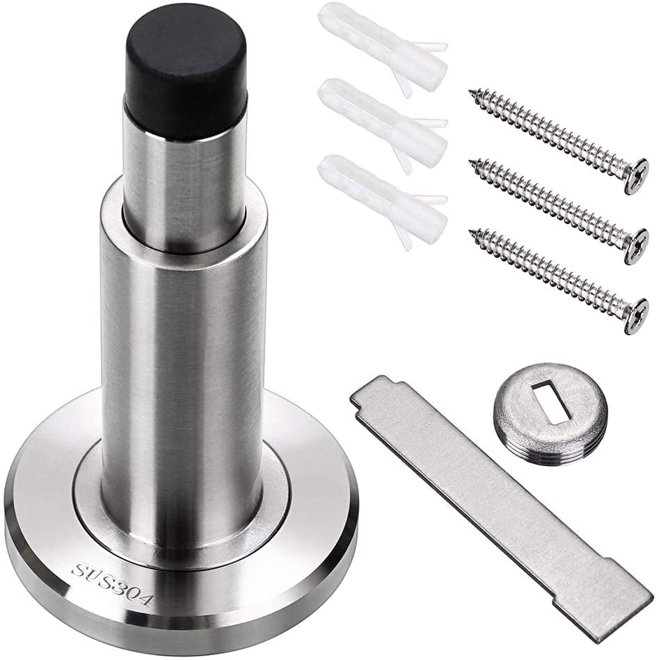 Sturdy Adjustable Door Stopper - Stainless Steel Modern Door Stop with Rubber Buffer, Wall Mounted Metal Doorstop with Hardware for Home Office, Silver