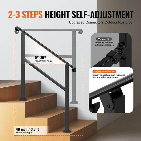 Sturdy Aluminum Handrail for Short Outdoor Stairs (2-3 Steps), Support Rail for Seniors, Easy to Assemble for Deck, Porch or Patio Steps