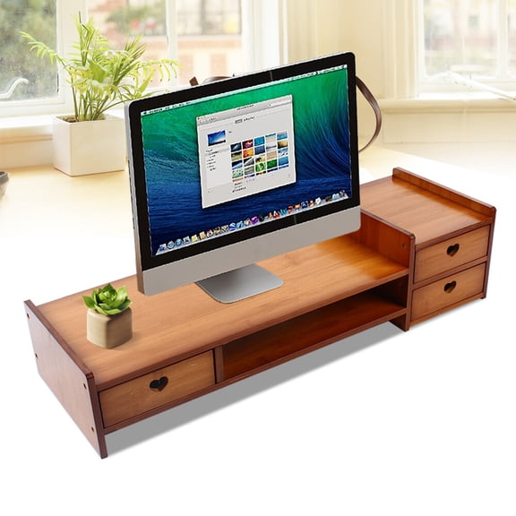 Sturdy Bamboo Wood Monitor Stand Riser w/ Drawer - Desk Storage Organizer Tool