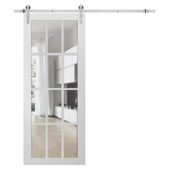 Sturdy Barn Door 12 lites Clear Glass | Felicia 3355 White Silk | 6.6FT Rail Hangers Heavy Hardware Set | Solid Panel Interior Doors-28" x 80"-Silver Rail