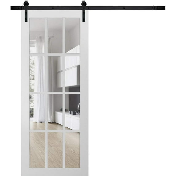 Sturdy Barn Door 12 lites Clear Glass | Felicia 3355 White Silk | 6.6FT Rail Hangers Heavy Hardware Set | Solid Panel Interior Doors