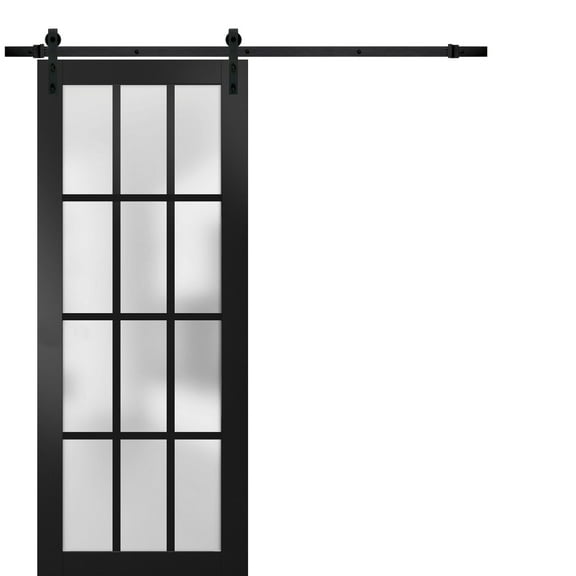 Sturdy Barn Door 12 lites Frosted Glass | Felicia 3312 Matte Black | 6.6FT Rail Hangers Heavy Hardware Set | Solid Panel Interior Doors-36" x 84"-Black Rail