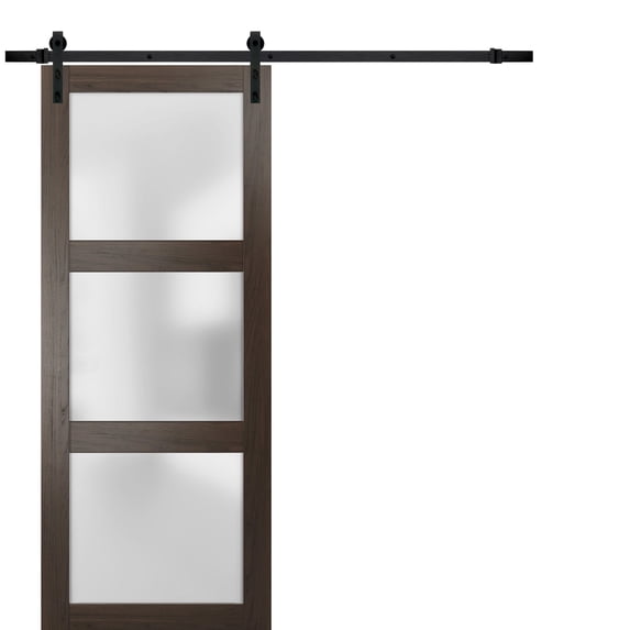 Sturdy Barn Door 18 x 80 inches Frosted Glass | Lucia 2552 Chocolate Ash | Top Mount 6.6FT Rail Hangers Heavy Hardware Set | Solid Panel Interior Doors
