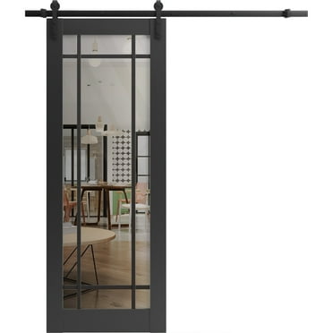 Sturdy Barn Door 18 x 80 inches | Lucia 2266 Matte Black Clear Glass | 6.6FT Rail Hangers Heavy Hardware Set | Solid Panel Interior Doors