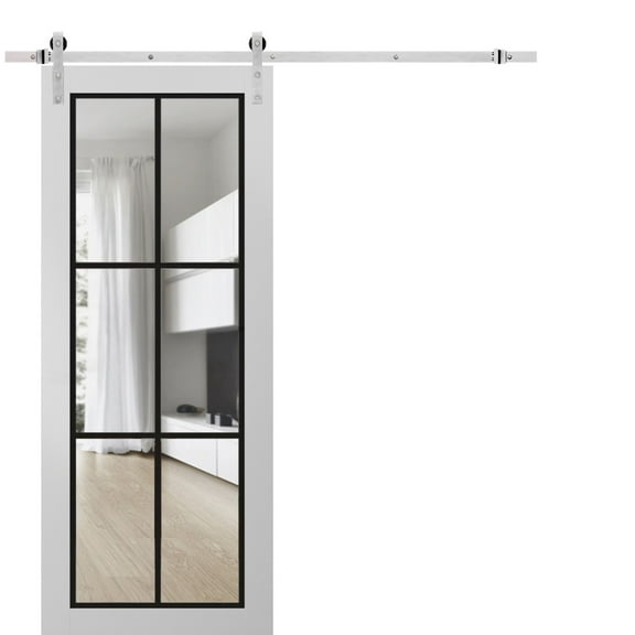 Sturdy Barn Door 18 x 80 inches | Lucia 2366 White Silk Clear Glass | Stainless Steel 6.6FT Rail Hangers Heavy Set | Solid Panel Interior Doors