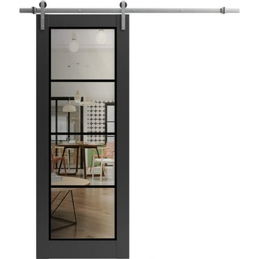 Sturdy Barn Door 18 x 80 inches | Lucia 2466 Matte Black Clear Glass | Stainless Steel 6.6FT Rail Hangers Heavy Set | Solid Panel Interior Doors