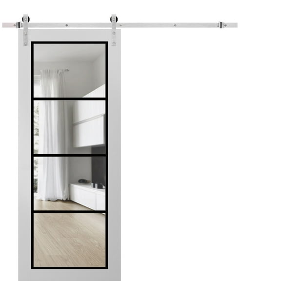 Sturdy Barn Door 18 x 80 inches | Lucia 2466 White Silk Clear Glass | Stainless Steel 6.6FT Rail Hangers Heavy Set | Solid Panel Interior Doors