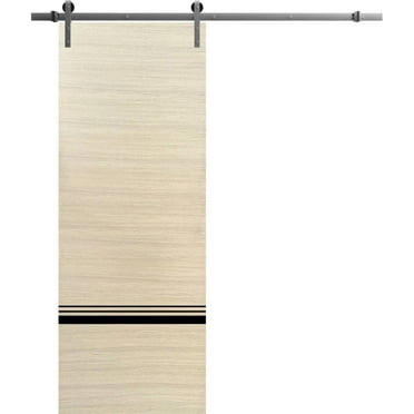 Sturdy Barn Door 18 x 80 inches | Planum 0012 Natural Veneer with Frosted Glass | Stainless Steel 6.6FT Rail Hangers Heavy Set | Solid Panel Interior Doors