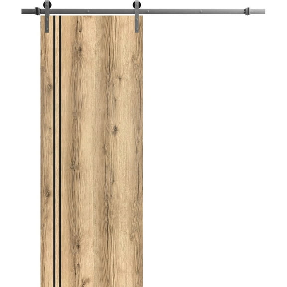 Sturdy Barn Door 18 x 80 inches | Planum 0016 Oak with Frosted Glass | Stainless Steel 6.6FT Rail Hangers Heavy Set | Solid Panel Interior Doors