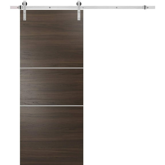 Sturdy Barn Door 18 x 80 inches | Planum 0110 Chocolate Ash with Frosted Glass | Stainless Steel 6.6FT Rail Hangers Heavy Set | Solid Panel Interior Doors