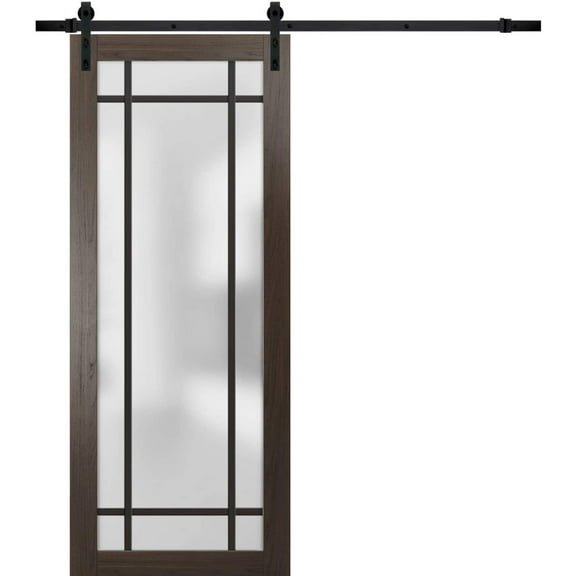 Sturdy Barn Door 18 x 80 inches | Planum 2112 Chocolate Ash Frosted Glass | 6.6FT Rail Hangers Heavy Hardware Set | Solid Panel Interior Doors