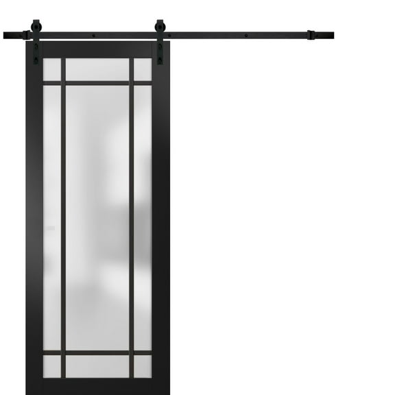 Sturdy Barn Door 18 x 80 inches | Planum 2112 Matte Black Frosted Glass | 6.6FT Rail Hangers Heavy Hardware Set | Solid Panel Interior Doors