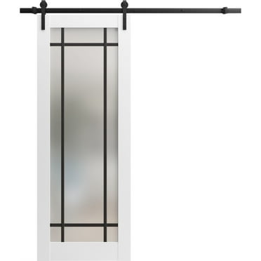Sturdy Barn Door 18 x 80 inches | Planum 2112 White Silk Frosted Glass | 6.6FT Rail Hangers Heavy Hardware Set | Solid Panel Interior Doors