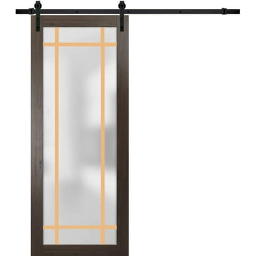 Sturdy Barn Door 18 x 80 inches | Planum 2113 Chocolate Ash Frosted Glass | 6.6FT Rail Hangers Heavy Hardware Set | Solid Panel Interior Doors