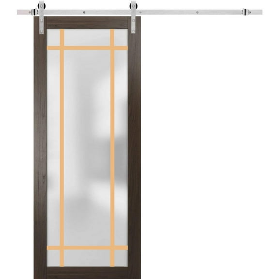 Sturdy Barn Door 18 x 80 inches | Planum 2113 Chocolate Ash Frosted Glass | Stainless Steel 6.6FT Rail Hangers Heavy Set | Solid Panel Interior Doors