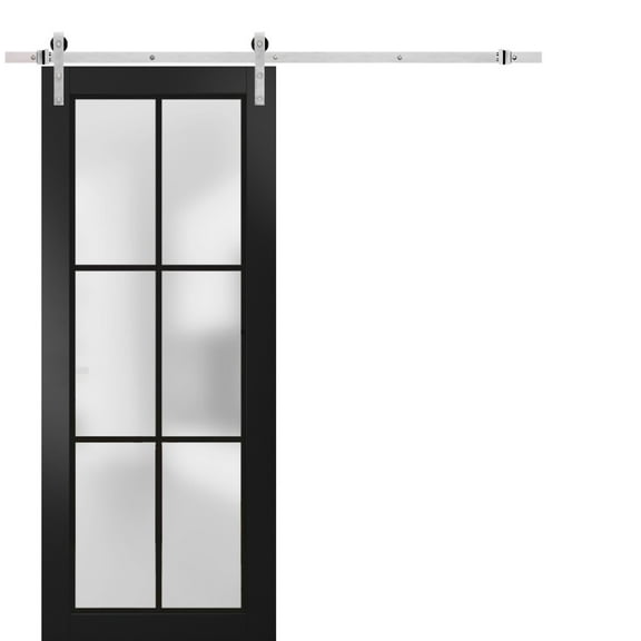 Sturdy Barn Door 18 x 80 inches | Planum 2122 Matte Black Frosted Glass | Stainless Steel 6.6FT Rail Hangers Heavy Set | Solid Panel Interior Doors