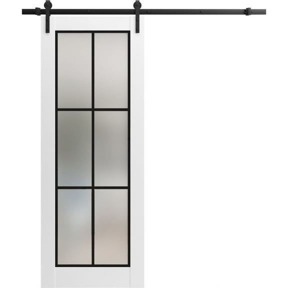 Sturdy Barn Door 18 x 80 inches | Planum 2122 White Silk Frosted Glass | 6.6FT Rail Hangers Heavy Hardware Set | Solid Panel Interior Doors