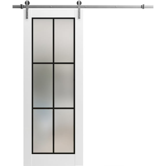 Sturdy Barn Door 18 x 80 inches | Planum 2122 White Silk Frosted Glass | Stainless Steel 6.6FT Rail Hangers Heavy Set | Solid Panel Interior Doors