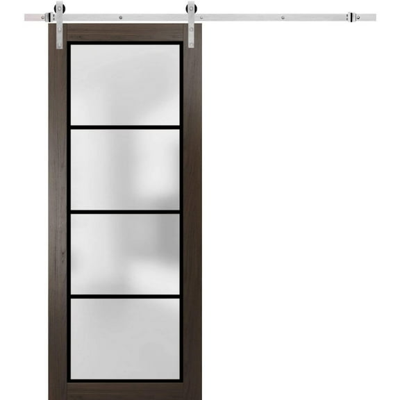 Sturdy Barn Door 18 x 80 inches | Planum 2132 Chocolate Ash Frosted Glass | Stainless Steel 6.6FT Rail Hangers Heavy Set | Solid Panel Interior Doors