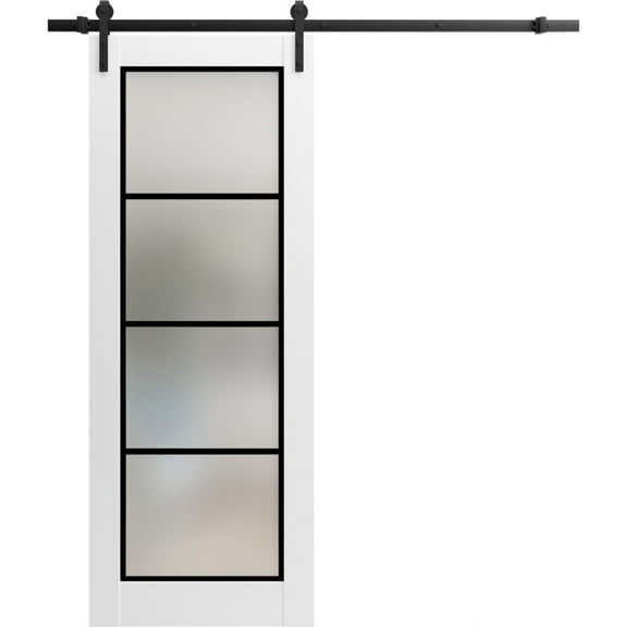 Sturdy Barn Door 18 x 80 inches | Planum 2132 White Silk Frosted Glass | 6.6FT Rail Hangers Heavy Hardware Set | Solid Panel Interior Doors