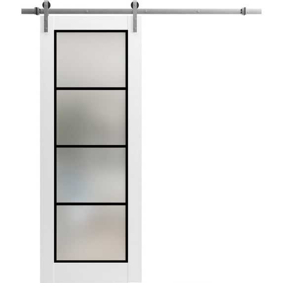 Sturdy Barn Door 18 x 80 inches | Planum 2132 White Silk Frosted Glass | Stainless Steel 6.6FT Rail Hangers Heavy Set | Solid Panel Interior Doors