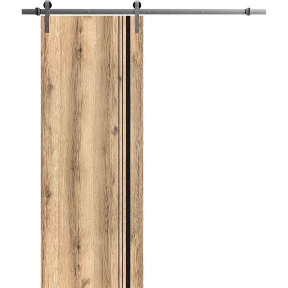 Sturdy Barn Door 18 x 84 inches | Planum 0011 Oak with Frosted Glass | Stainless Steel 6.6FT Rail Hangers Heavy Set | Solid Panel Interior Doors