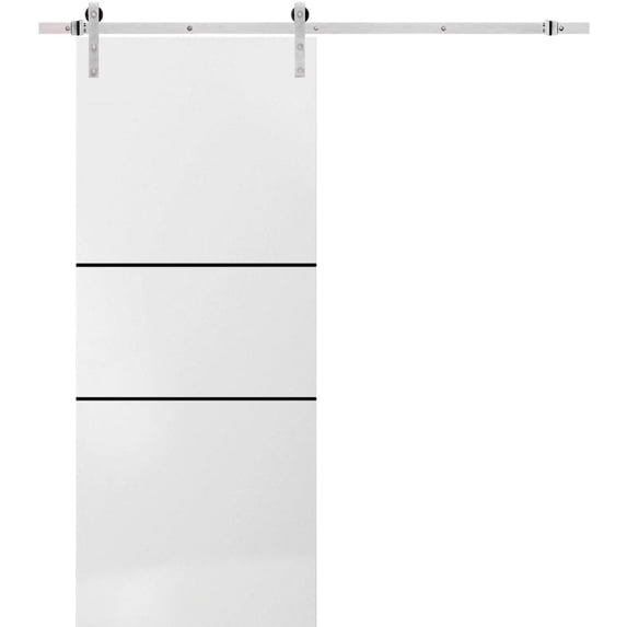 Sturdy Barn Door 18 x 84 inches | Planum 0014 White Silk with Frosted Glass | Stainless Steel 6.6FT Rail Hangers Heavy Set | Solid Panel Interior Doors