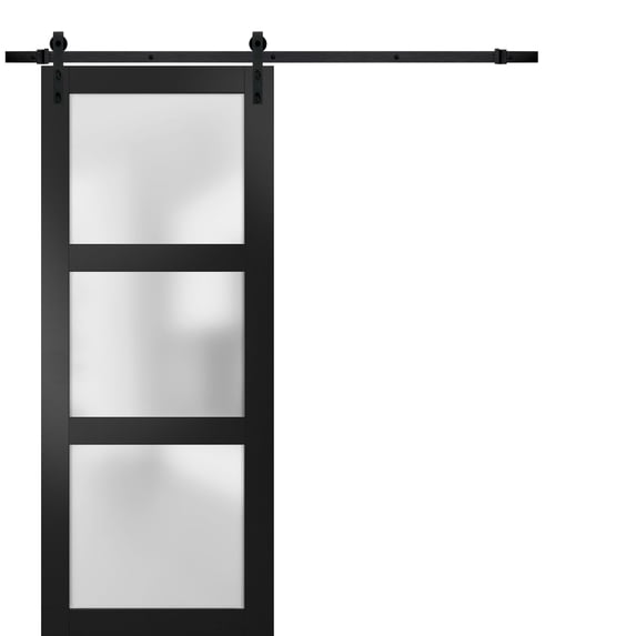 Sturdy Barn Door 18 x 96 inches Frosted Glass | Lucia 2552 Matte Black | Top Mount 6.6FT Rail Hangers Heavy Hardware Set | Solid Panel Interior Doors