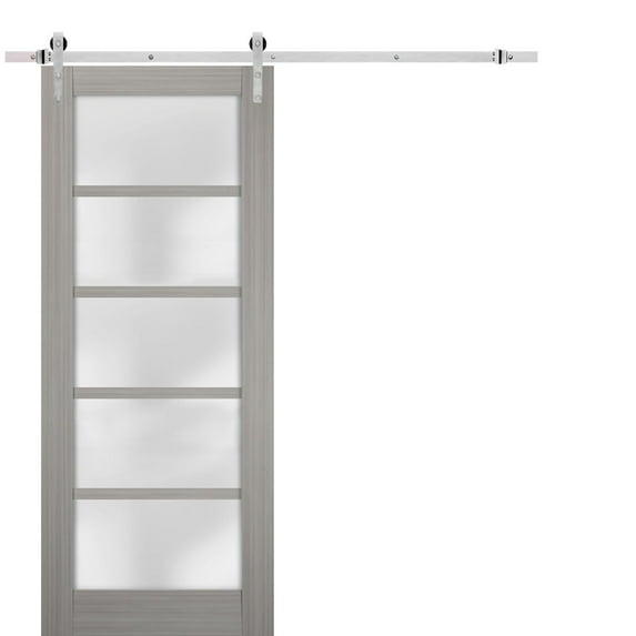 Sturdy Barn Door 18 x 96 inches Frosted Glass | Quadro 4002 Grey Ash | Top Mount Stainless Steel 6.6FT Rail Hangers Heavy Set | Solid Panel Interior Doors