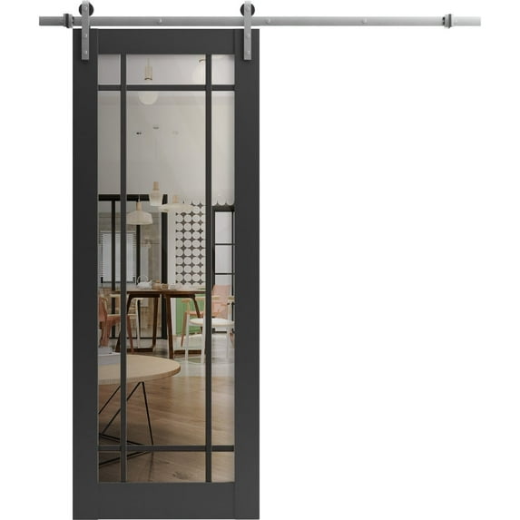 Sturdy Barn Door 18 x 96 inches | Lucia 2266 Matte Black Clear Glass | Stainless Steel 6.6FT Rail Hangers Heavy Set | Solid Panel Interior Doors