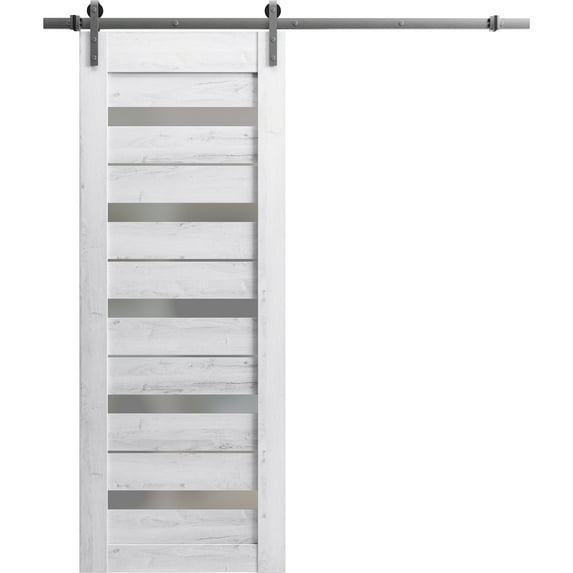 Sturdy Barn Door 18 x 96 inches | Quadro 4445 Nordic White with Frosted Glass | Stainless Steel 6.6FT Rail Hangers Heavy Set | Solid Panel Interior Doors
