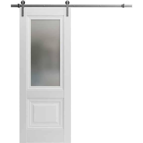 Sturdy Barn Door 24 x 80 inches | Lucia 8822 White Silk with Frosted Glass | Stainless Steel 6.6FT Rail Hangers Heavy Set | Solid Panel Interior Doors