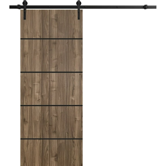 Sturdy Barn Door 24 x 80 inches | Planum 0015 Walnut with Frosted Glass | 6.6FT Rail Hangers Heavy Hardware Set | Solid Panel Interior Doors