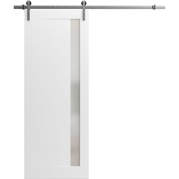 Sturdy Barn Door 24 x 80 inches | Planum 0660 Painted White with Frosted Glass | Stainless Steel 6.6FT Rail Hangers Heavy Set | Solid Panel Interior Doors