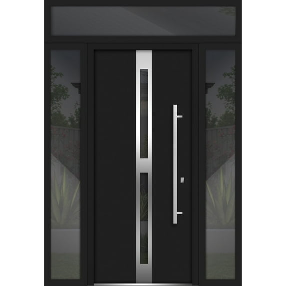 Front Exterior Prehung Steel Door / Deux 1755 Black Enamel / 2 Side and Top Exterior Window / Stainless Inserts Single Modern Painted-W12+36+12" x H80+16"-Left-hand Inswing