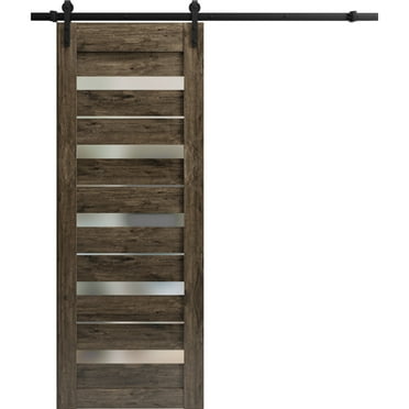 Sturdy Barn Door 24 x 80 inches | Quadro 4445 Cognac Oak with Frosted Glass | 6.6FT Rail Hangers Heavy Hardware Set | Solid Panel Interior Doors