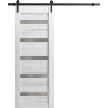 Sturdy Barn Door 24 x 80 inches | Quadro 4445 Nordic White with Frosted Glass | 6.6FT Rail Hangers Heavy Hardware Set | Solid Panel Interior Doors