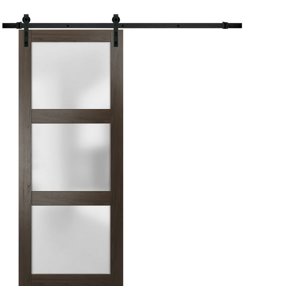Sturdy Barn Door 24 x 84 inches Frosted Glass | Lucia 2552 Chocolate Ash | Top Mount 6.6FT Rail Hangers Heavy Hardware Set | Solid Panel Interior Doors