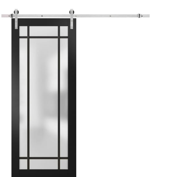 Sturdy Barn Door 24 x 84 inches | Planum 2112 Matte Black Frosted Glass | Stainless Steel 6.6FT Rail Hangers Heavy Set | Solid Panel Interior Doors