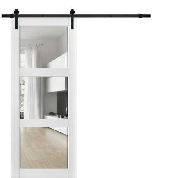 Sturdy Barn Door 24 x 96 inches Clear Glass 3 Lites | Lucia 2555 Matte White | Top Mount 6.6FT Rail Hangers Heavy Hardware Set | Solid Panel Interior Doors