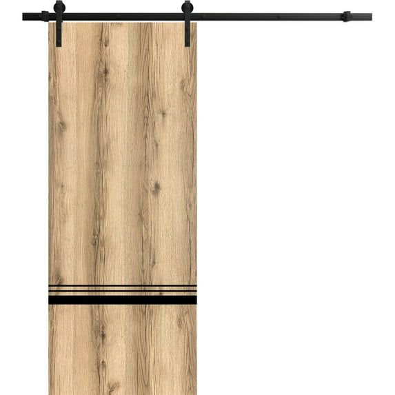 Sturdy Barn Door 24 x 96 inches | Planum 0012 Oak with Frosted Glass | 6.6FT Rail Hangers Heavy Hardware Set | Solid Panel Interior Doors